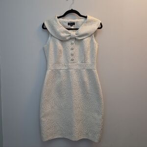 TAHARI ASL Petite Shimmer Bow Collar Sheath Dress — Size 6P Petite / Cream White